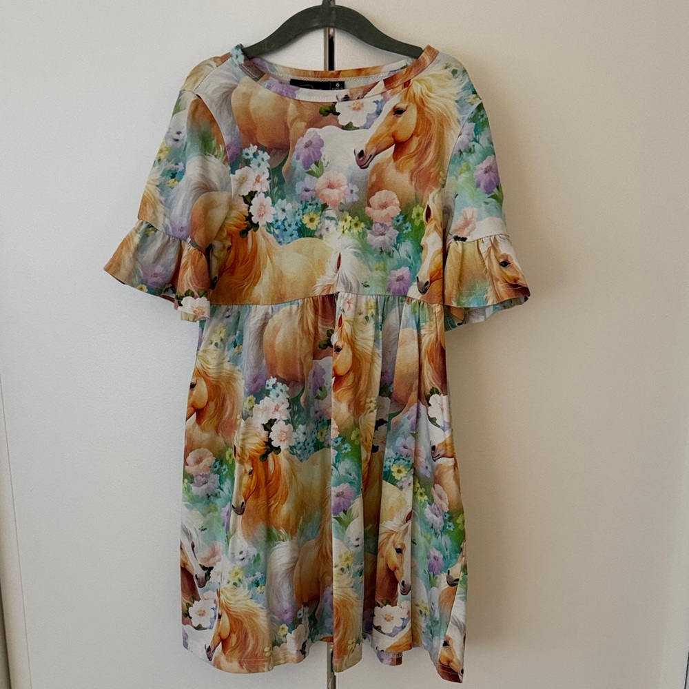 Whimsical Horse and Floral Print Kids Dress